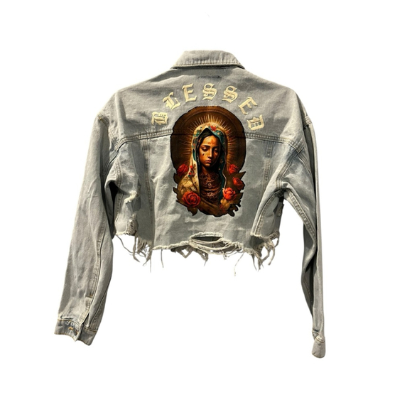 Trio Urban NWT Virgin Mary Blessed Cropped Denim Jean Jacket Size Small/Medium - Picture 1 of 5
